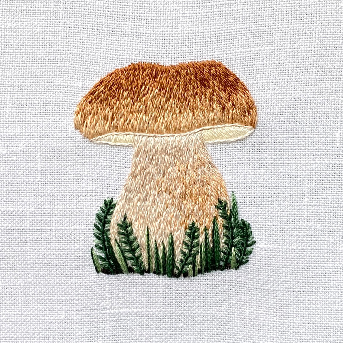 Porcini Mushroom on White Linen Hand Embroidered Art