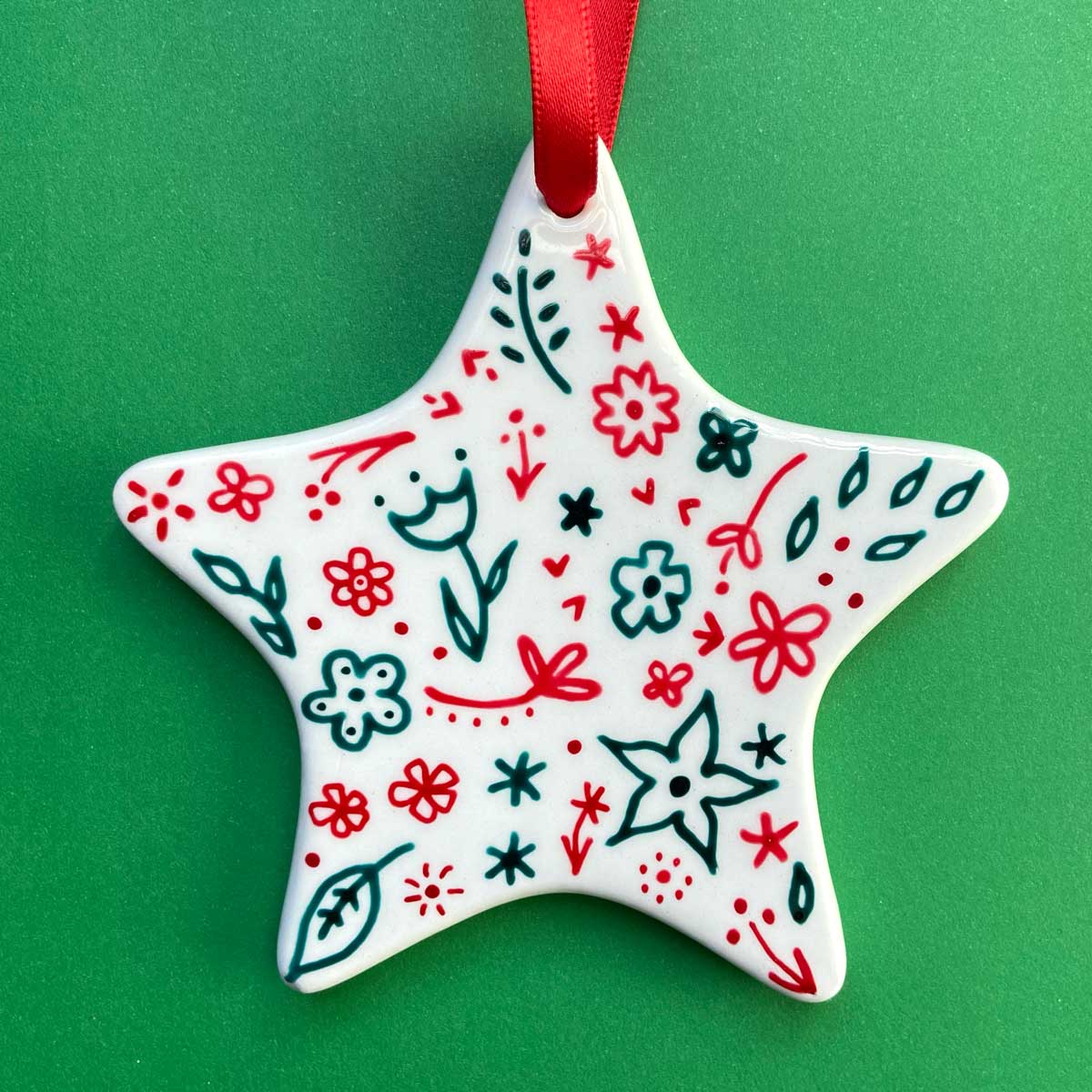 Red and Green Floral Hand Painted Star Ornament