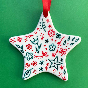 Red and Green Floral Hand Painted Star Ornament