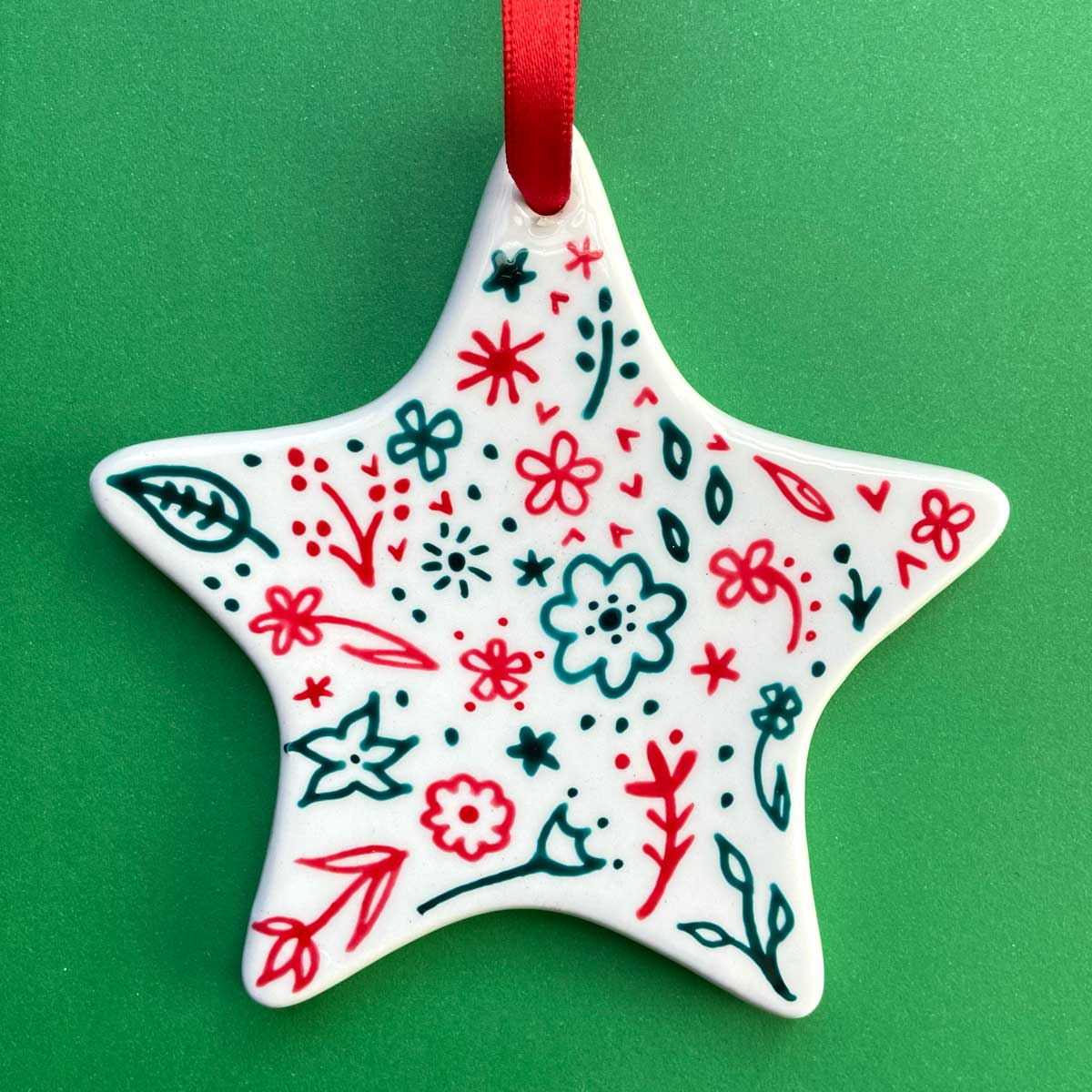 Red and Green Floral Hand Painted Star Ornament