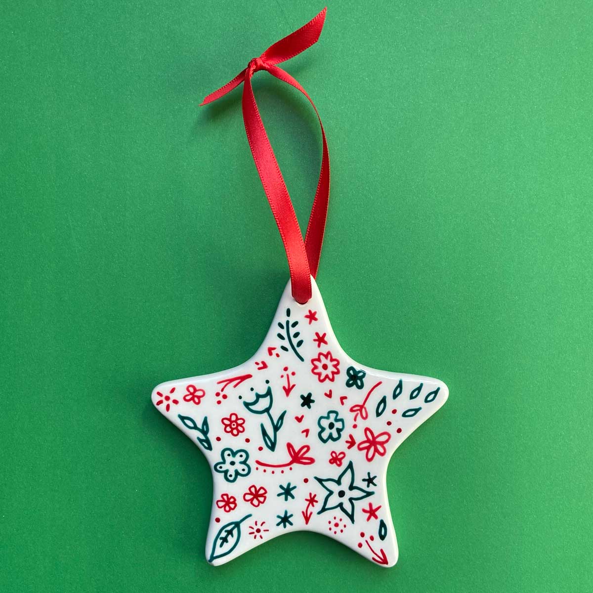 Red and Green Floral Hand Painted Star Ornament