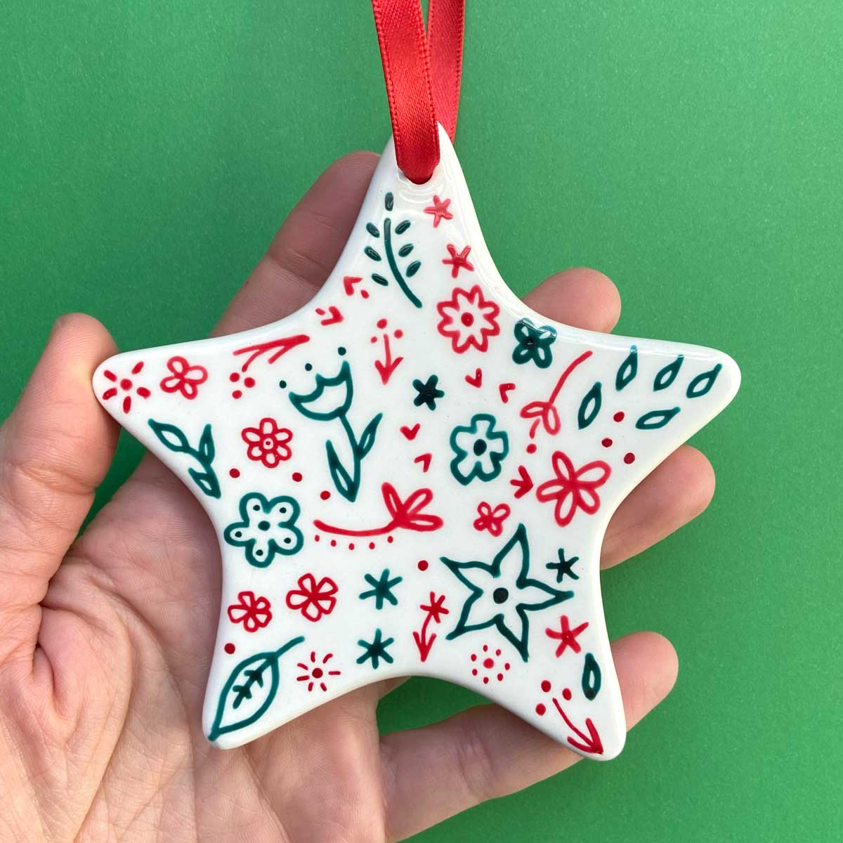 Red and Green Floral Hand Painted Star Ornament