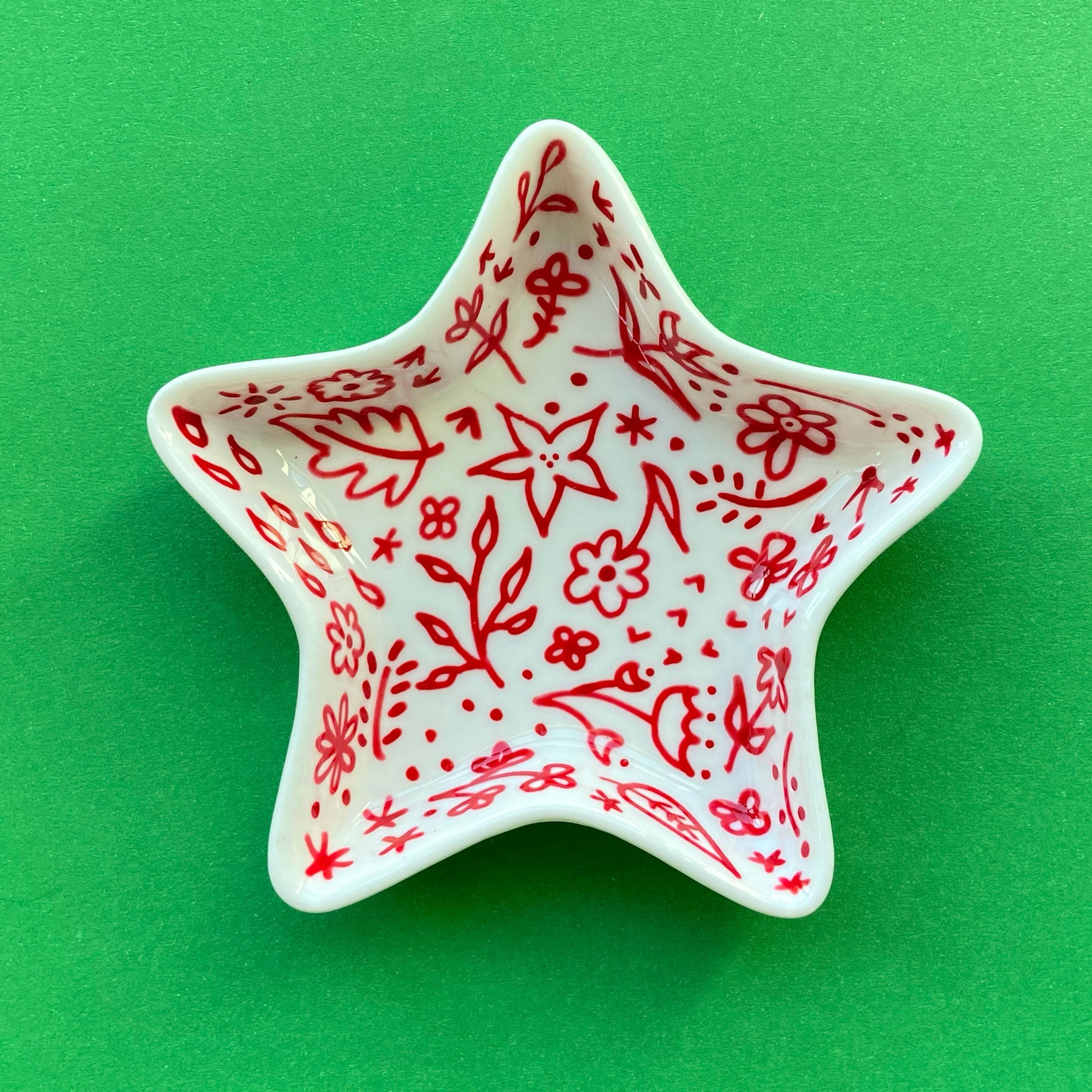 Red Floral - Hand Painted Porcelain Star Dish