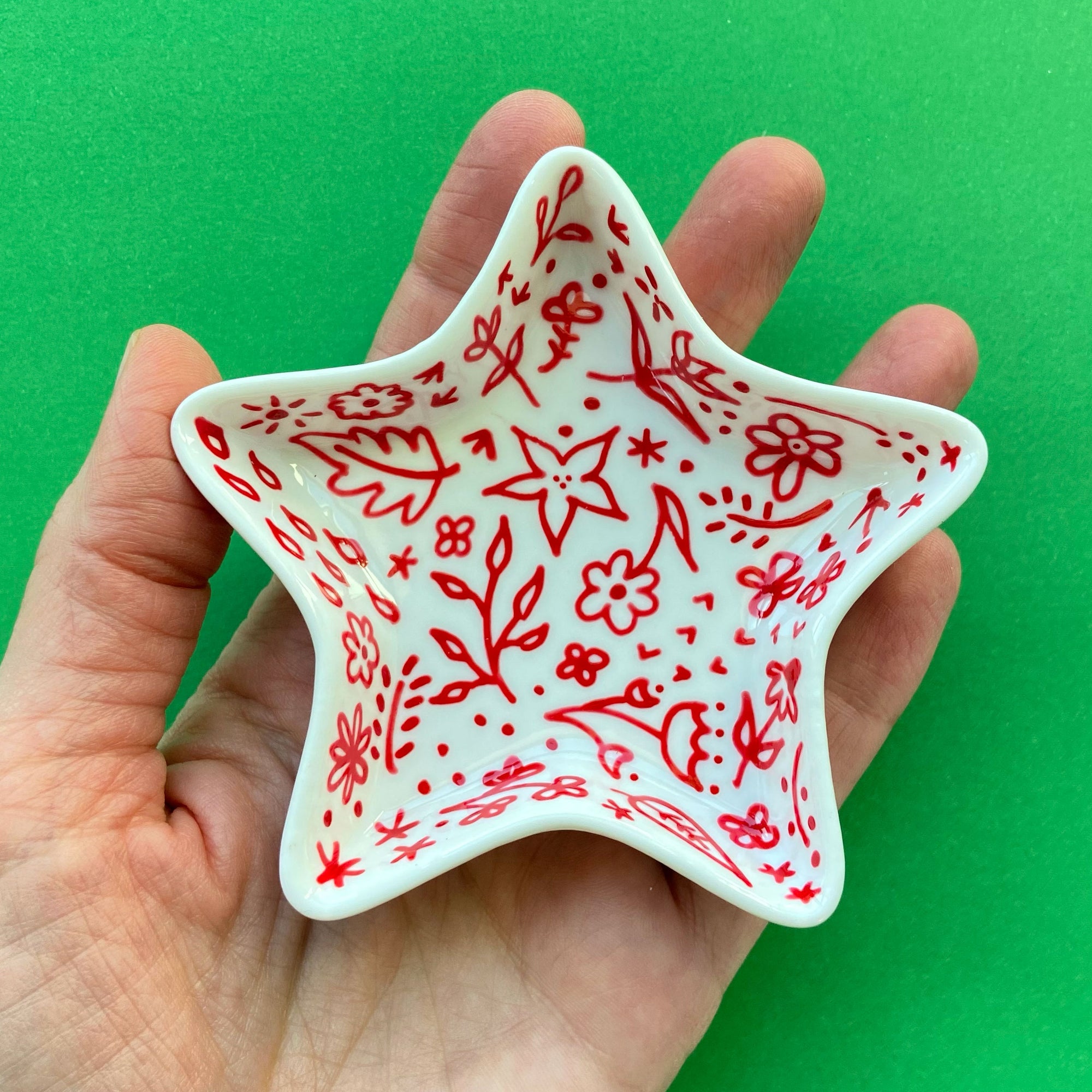 Red Floral - Hand Painted Porcelain Star Dish