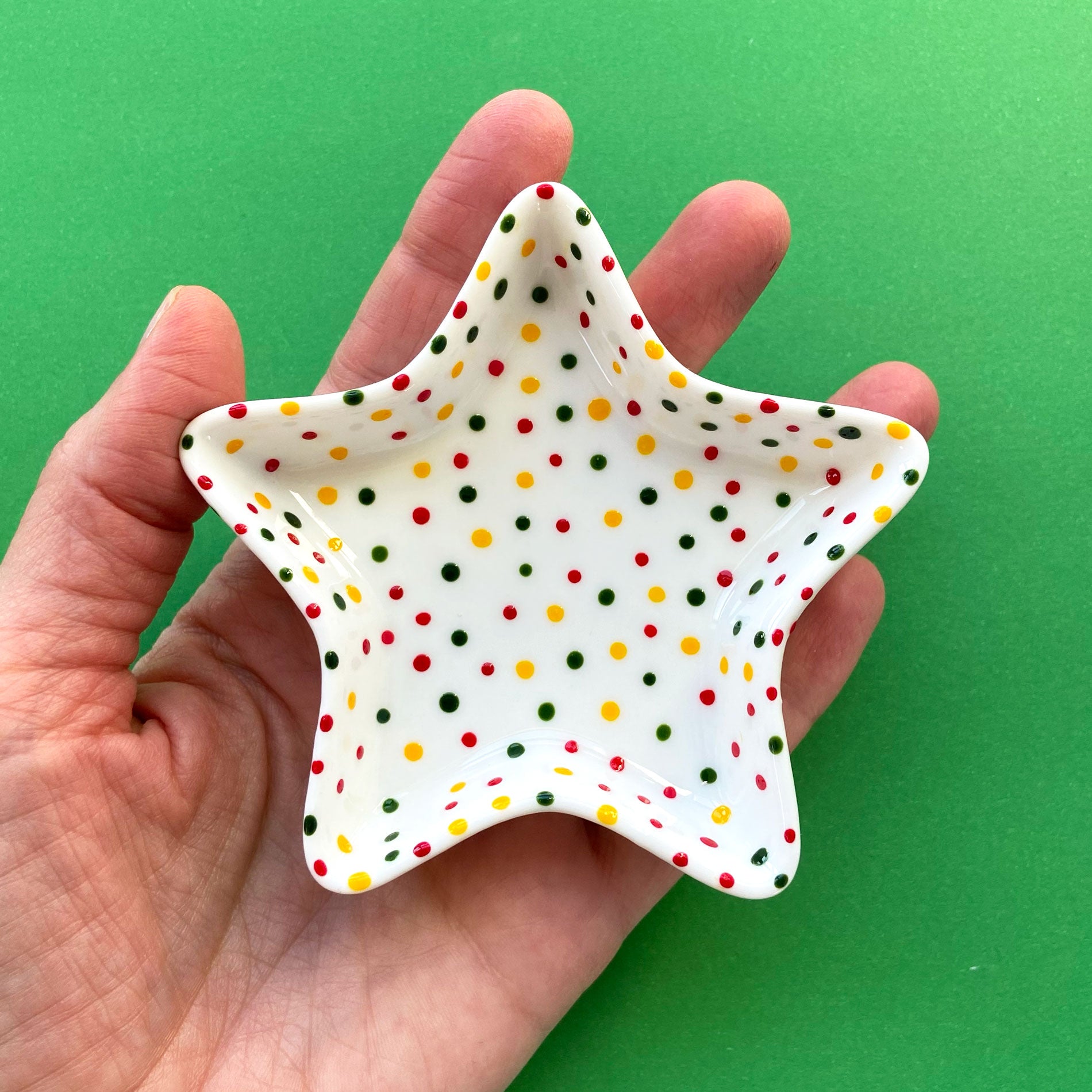 Red, Green, and Yellow Dot - Hand Painted Porcelain Star Dish