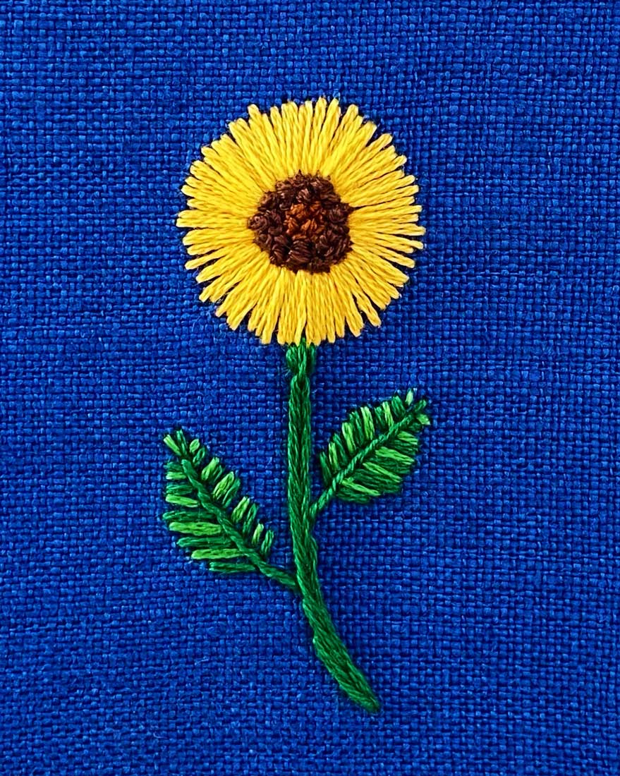 Sunflower on Blue Linen Hand Embroidered Art