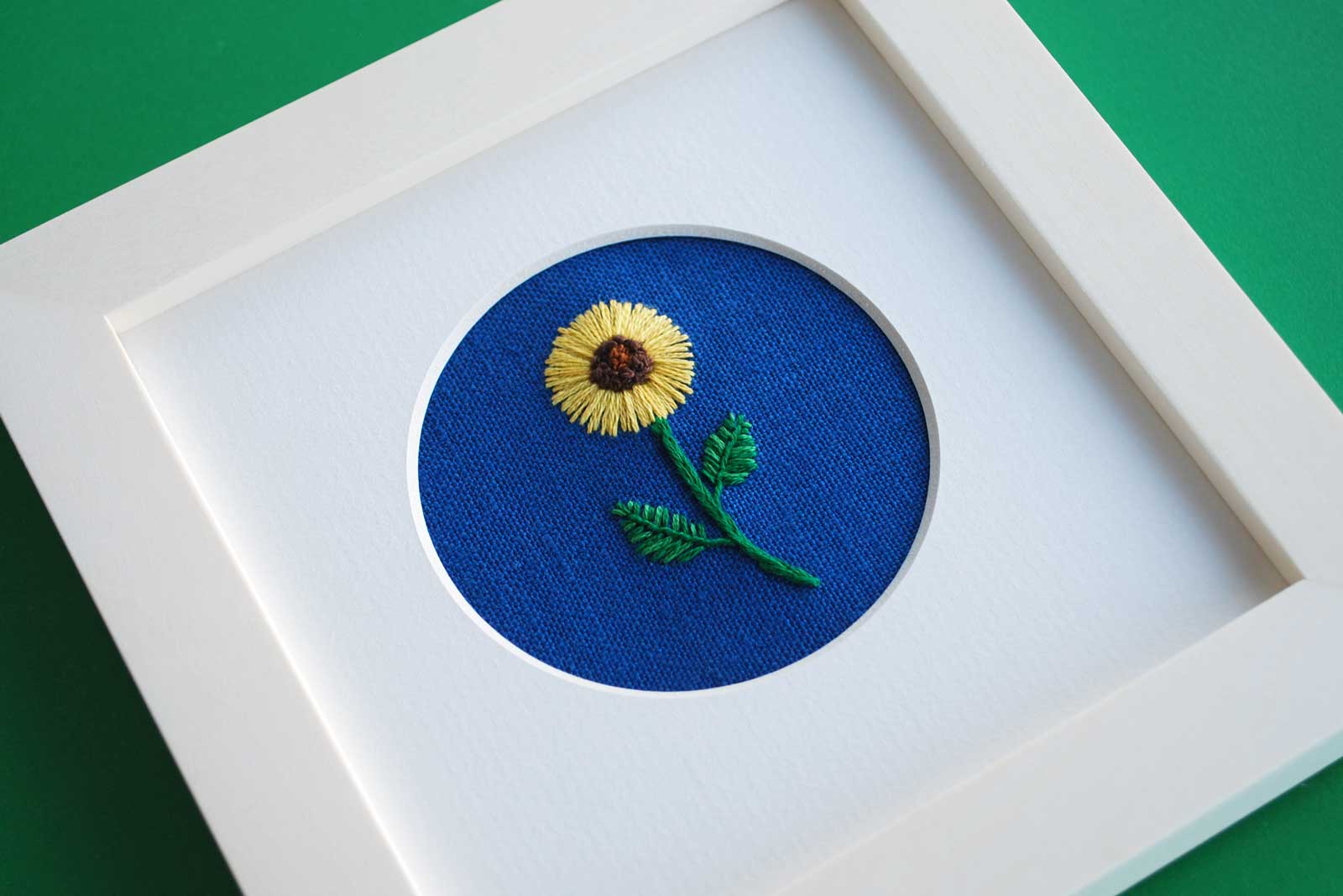 Sunflower on Blue Linen Hand Embroidered Art