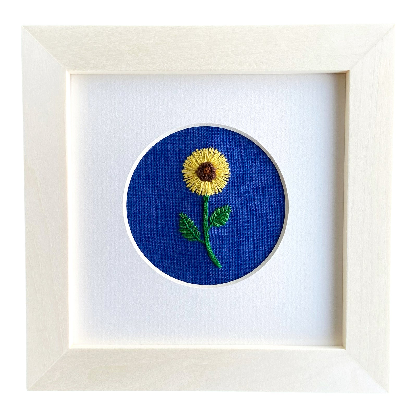 Sunflower on Blue Linen Hand Embroidered Art