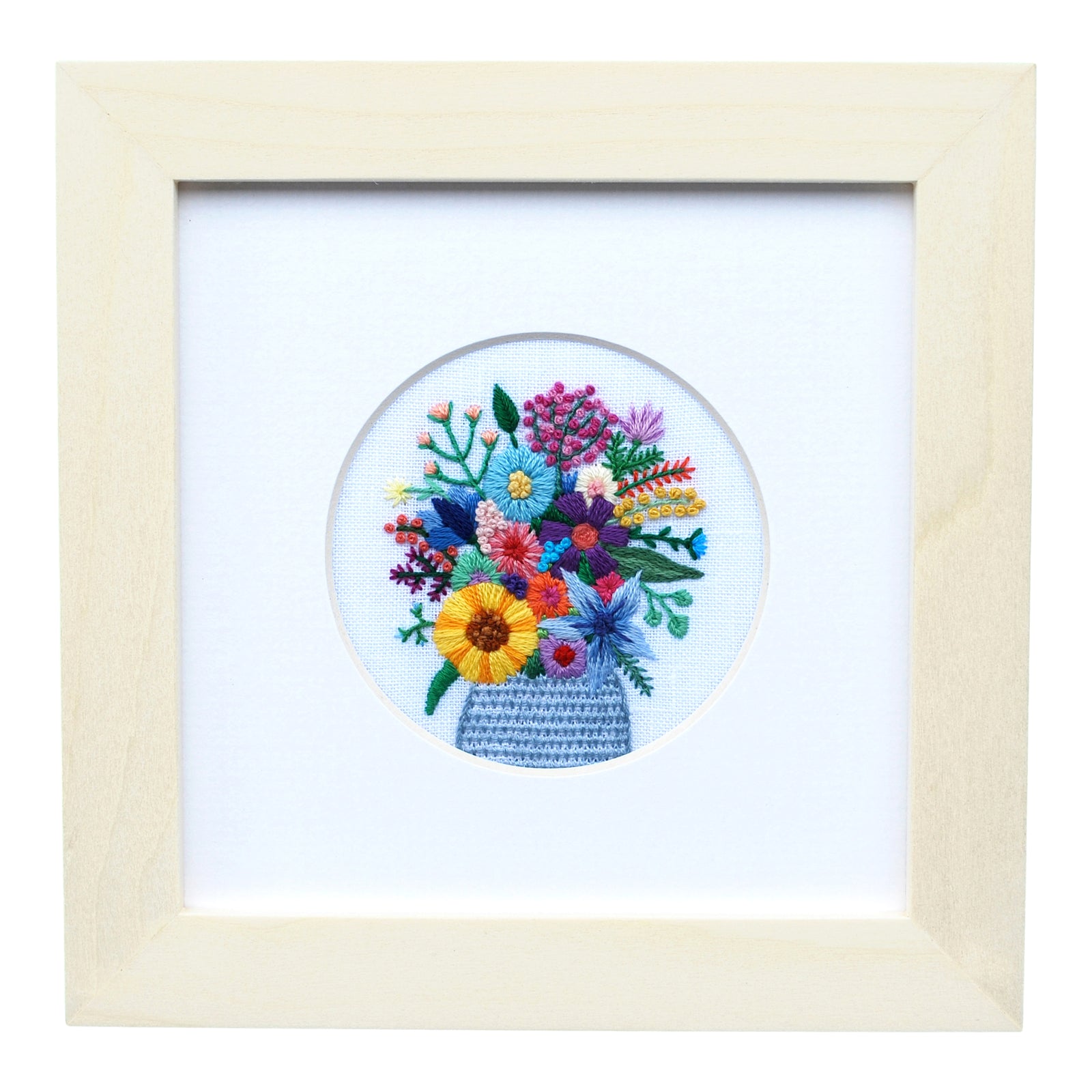 Flowers in Vase (2.75") on White Linen Hand Embroidered Art