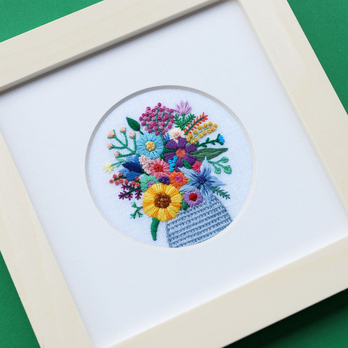 Flowers in Vase (2.75") on White Linen Hand Embroidered Art