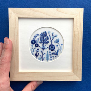 Blue Flowers (3" Circle) on White Linen Hand Embroidered Art