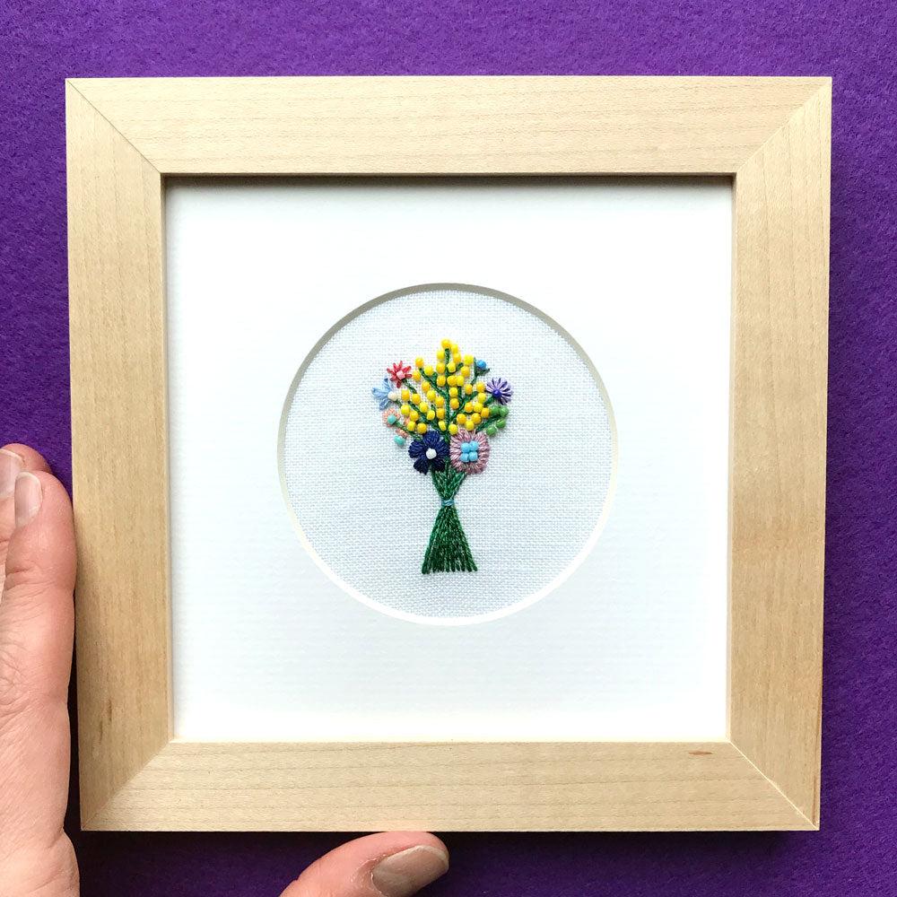 Beaded Floral Bouquet on White Linen Hand Embroidered Art