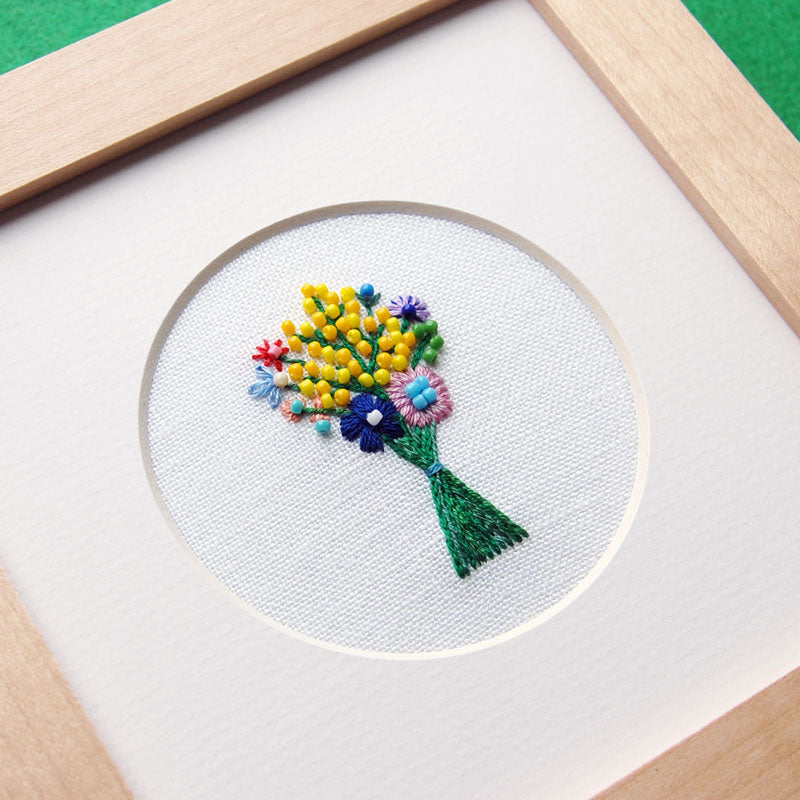 Beaded Floral Bouquet on White Linen Hand Embroidered Art